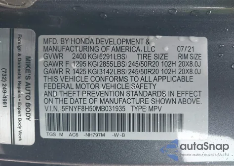 2021 Honda Passport Awd Ex-L from USA, damaged, VIN 5FNYF8H50MB031935